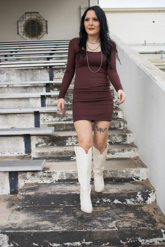 brown mini dress with scoop neck and long sleeves